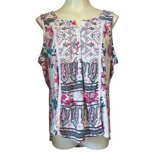 Style & Co Women's 1X boho pink green sleeveless hi low curved hem floral top